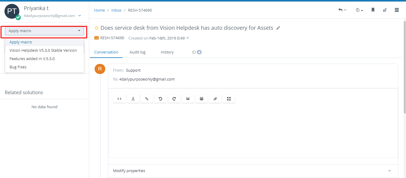 Vision Helpdesk Macro Settings Service Desk Software By Vision